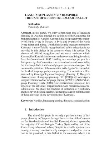 Language planning in diaspora. The case of Kurdish Kurmanji dialect