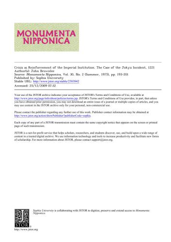 Crisis as reinforcement of the imperial institution. The case of the Jokyu incident, 1221