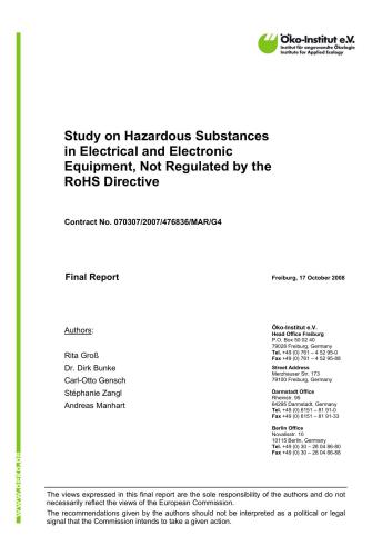 Study on Hazardous Substances in Electrical and Electronic Equipment, Not Regulated by the RoHS Directive. Final Report