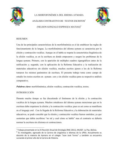 La morfofonémica del idioma aymara. Análisis contrastivo de textos escritos