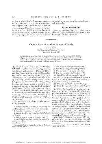Kepler's Harmonics and his Concept of Inertia