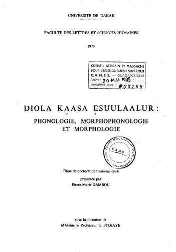 Diola Kaasa esuulaalur: Phonologie, morphophonologie et morphologie