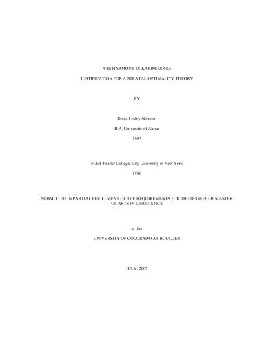 ATR Harmony in Karimojong: Justification for a Stratal Optimality Theory