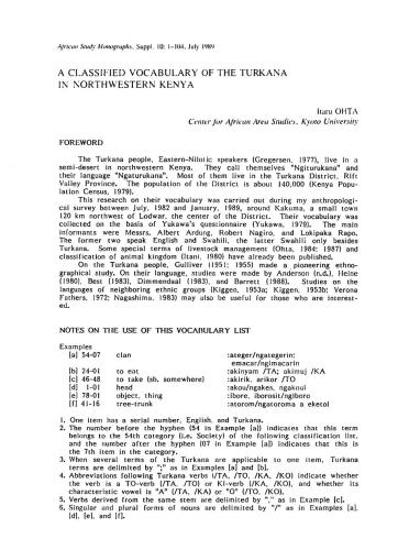 A classified vocabulary of the Turkana in Northwestern Kenya