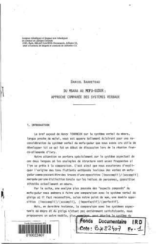 Du Mbara au Mofu-Gudur: approche comparée des systèmes verbaux