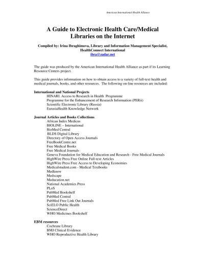 A Guide to Electronic Health Care/Medical Libraries on the Internet