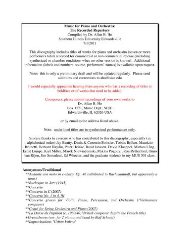 Music for Piano and Orchestra: The recorded repertory, compiled by Dr. Allan B. Ho