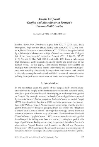 Facilis hic futuit. Graffiti and Masculinity in Pompeii's 'Purpose-Built' Brothel
