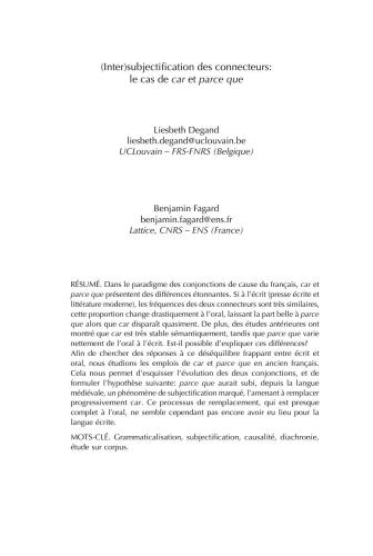 Inter-subjectification des connecteurs: le cas de 'car' et 'parce que'