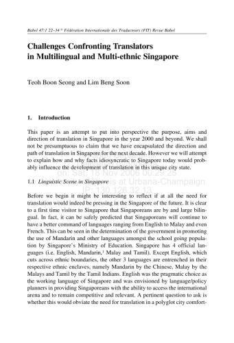 Challenges Confronting Translators in Multilingual and Multi-ethnic Singapore