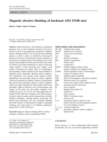Magnetic abrasive finishing of hardened AISI 52100 steel