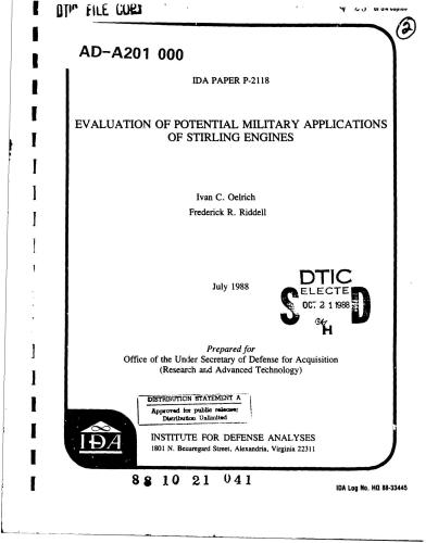 Evaluation of Potential Military Applications of Stirling Engines. July 1988