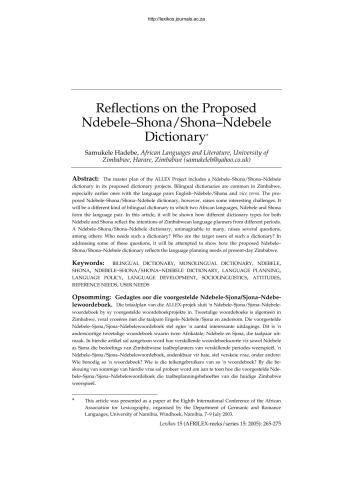 Reflections on the Proposed Ndebele-Shona / Shona-Ndebele Dictionary
