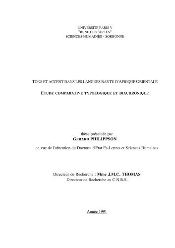 Tons et accent dans les langues bantu d'Afrique orientale: étude comparative, typologique et diachronique