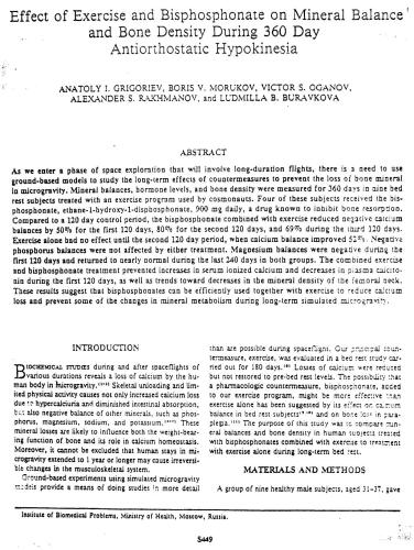 Effect of exercise and bisphosphonate on mineral balance and bone density during 360 day antiorthostatic hypokinesia