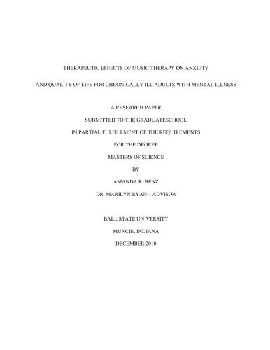 Therapeutic effects of music therapy on anziety and quality of life for chronically ill adults with mental illness