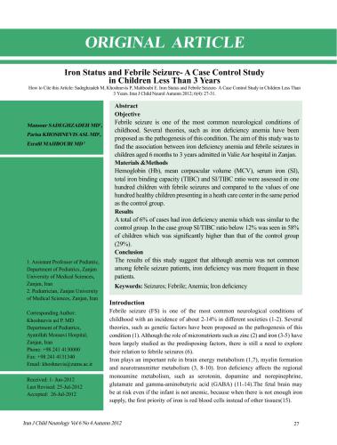 Iron Status and Febrile Seizure. A Case Control Study in Children Less Than 3 Years