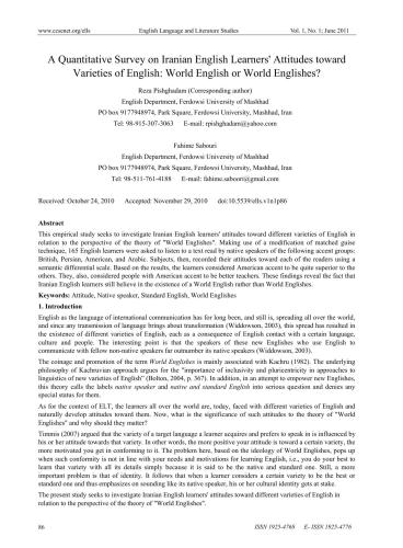 A Quantitative Survey on Iranian English Learners' Attitudes toward Varieties of English: World English or World Englishes?