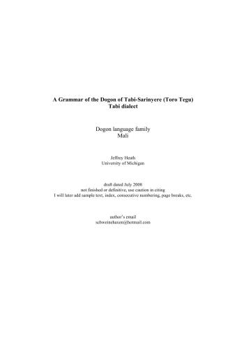 A Grammar of the Dogon of Tabi-Sarinyere (Toro Tegu) Tabi Dialect