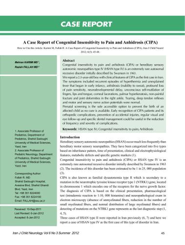 Case Report of Congenital Insensitivity to Pain and Anhidrosis (CIPA)