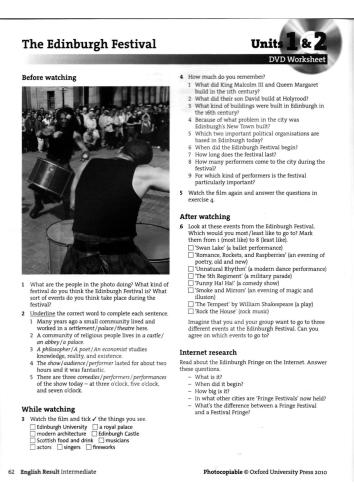 English Result Intermediate DVD worksheets