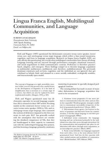 Lingua Franca English, Multilingual Communities, and Language Acquisition