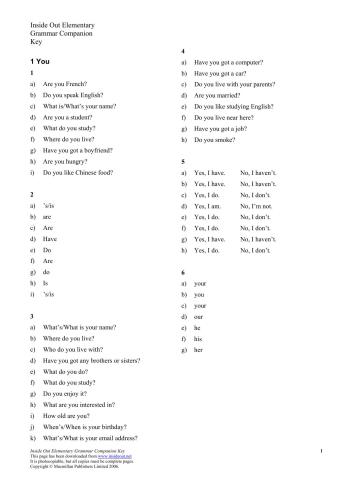 Inside Out Elementary. Grammar companion answer key