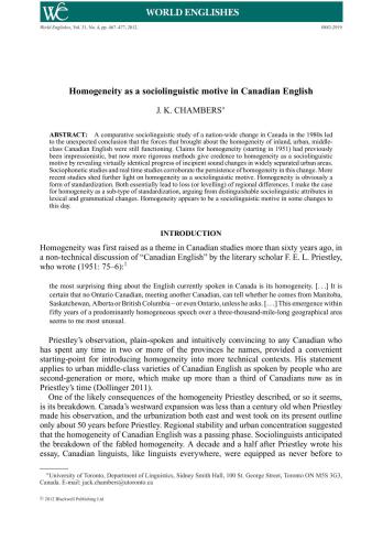 Homogeneity as a sociolinguistic motive in Canadian English