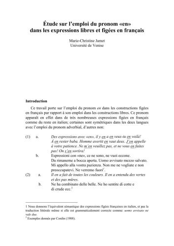 Étude sur l’emploi du pronom en dans les expressions libres et figées en français