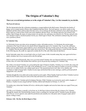 The Origins of Saint Valentine's Day: Reading Worksheet