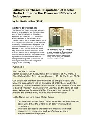 Luther's 95 Theses: Disputation of Doctor Martin Luther on the Power and Efficacy of Indulgences