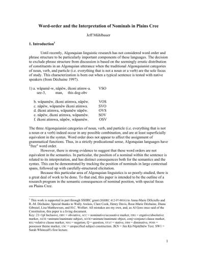 Word-order and the Interpretation of Nominals in Plains Cree