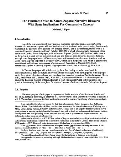 The functions of lëë in Xanica Zapotec Narrative Discourse with some implications for Corporative Zapotec