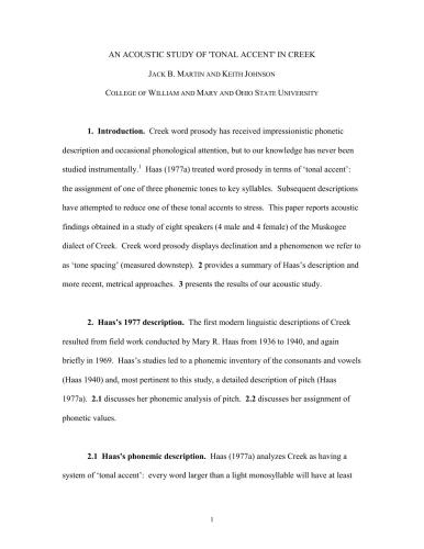 An acoustic study of tonal accent in Creek