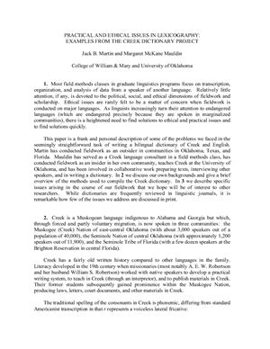 Practical and ethical issues in lexicography - examples from the Creek dictionary project