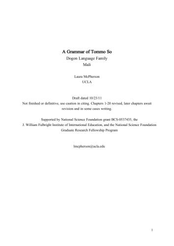 A Grammar of Tommo So. Dogon Language Family Mali