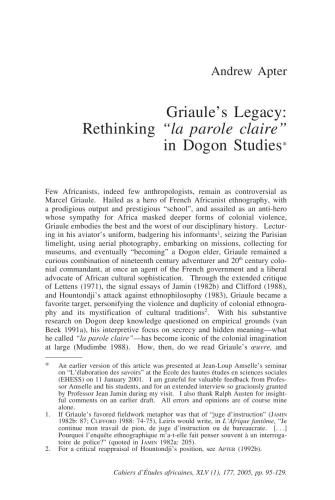 Griaule’s Legacy: Rethinking la parole claire in Dogon Studies