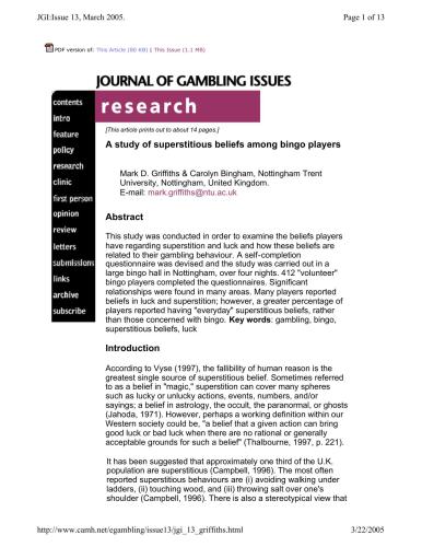 A study of superstitious beliefs among bingo players