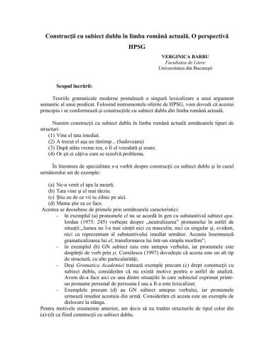 Construcţii cu subiect dublu în limba română actuală. O perspectivă HPSG