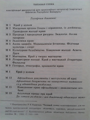 Тыпавая схема класіфікацыі дакументаў для краязнаўчых каталогаў (картатэк) бібліятэк Рэспублікі Беларусь
