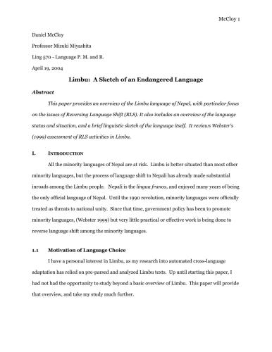 Limbu: A Sketch of an Endangered Language