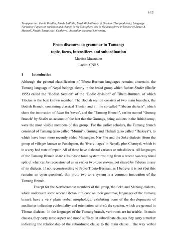From discourse to grammar in Tamang: topic, focus, intensifiers and subordination