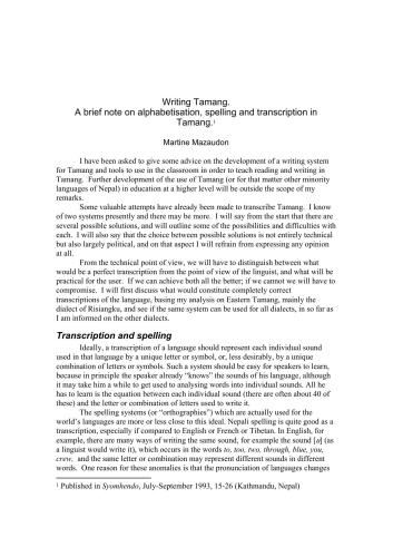 Writing Tamang. A brief note on alphabetisation, spelling and transcription in Tamang
