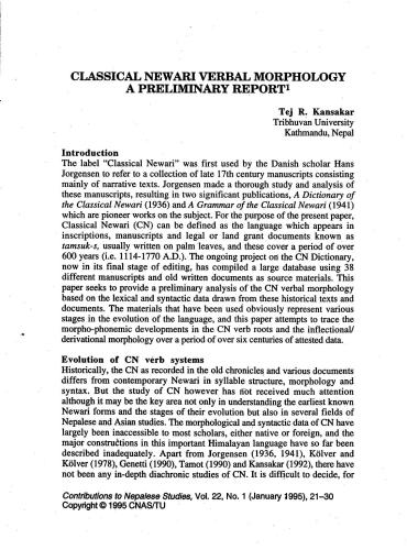 Classical Newari verbal morphology: A preliminary report