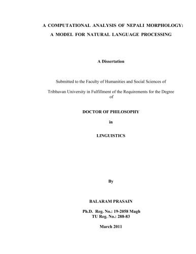 A computational analysis of nepali morphology. A model for natural language processing