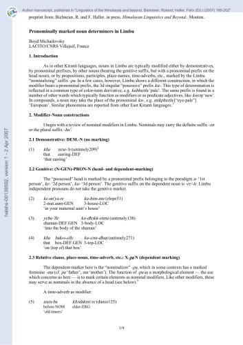 Pronominally marked noun determiners in Limbu
