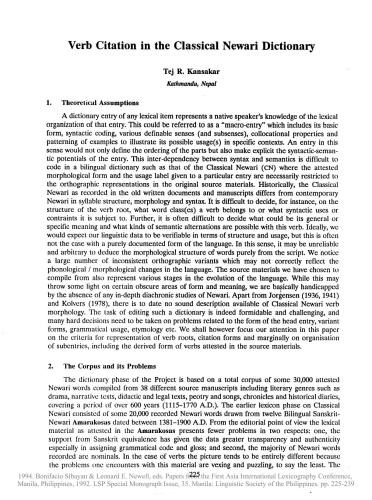 Verb Citation in the Classical Newari Dictionary