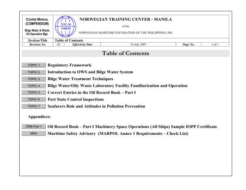 Norwegian Training Center. Bilge Water/Waste Oil Operation Management Course