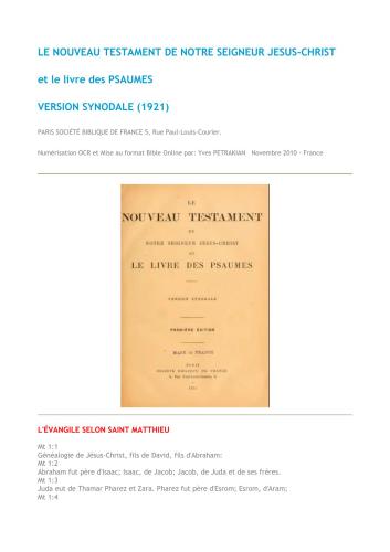 Bible. Le Nouveau Testament de Notre Seigneur Jesus-Christ et le Livre des Psaumes. Version Synodale (1921)
