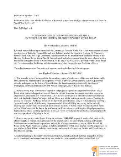 Collection of Research Materials on the Role of the German Air Force in World War II, 1911-47